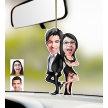 Kişiye Özel Sevgililer Karikatürlü Ahşap Araba Dikiz Ayna Süsü-6