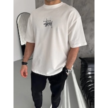 Wear Vexel Erkek Tişört Bisiklet Yaka Baskılı Oversize Kısa Kol T-shirt - Beyaz Çok Renkli