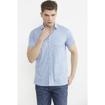Slim Fit Baskılı Penye Gömlek - Mavi Mavi