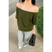 Haki Kadın Düşük Omuz Kayık Yaka Oversize T-shirt Haki