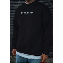Erkek 3 İplik Pamuklu Bisiklet Yaka Baskılı Sweatshirt - Siyah