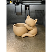 Bezos 3d Baskı Sarılan Kedi Saksı - Sevimli Dekoratif Saksı - Bej Bty