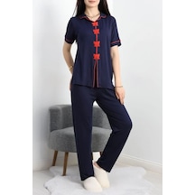 Seka Store Seka Fiyonk Nakışlı Biyeli Viskon Pijama Takımı Lacivert - 40565.1857. Çok Renkli