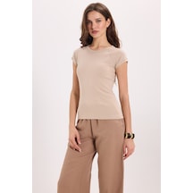 Tudors Kadın Slim Fit Dar Kesim Bisiklet Yaka Reglan Kol %100 Pamuk Taş Renk Tişört Bluz-51070