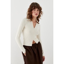 Polo Yaka Önden Gizli Fermuarlı Bluz Ekru Ekru