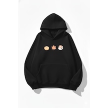 Uyguntarz Unisex Yumuşak Dokulu Pumpkin Spice & Cozy Vibes Baskılı Tasarım Oversize 3 İplik Hoodie Sweatshirt siyah