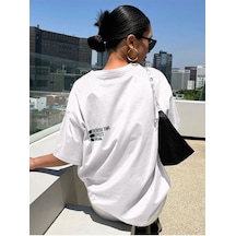 Unisex Beyaz Oversize Cheeris Time Baskılı Örme T-shirt Beyaz