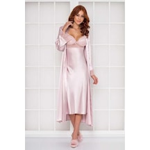 Pierre Cardin Pudra Uzun Saten Sabahlık Gecelik Set 4370 Pudra