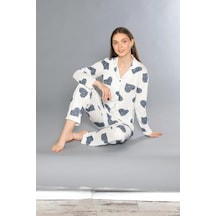Kadın Yazlık Uzun Kol Önden Düğmeli Pijama Takımı 790-71 Lacivert