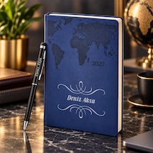 Bk Gift Kişiye Özel 378 Termo Deri Tarihli Ajanda & Siyah Touch Pen Tükenmez Kalem-1 Lacivert