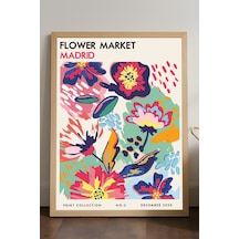 Flower Market Madrid Doğal Ahşap Çerçeveli Poster, Dekoratif Sanatsal Duvar Tablosu