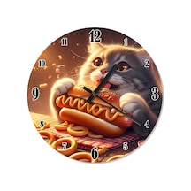Hot Dog Sosisli Yiyen Kedi Dekoratif Duvar Saati Çok Renkli
