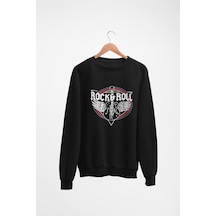 Magors Stıl-x Rock'n Roll Baskılı Oversize Bisiklet Yaka 3 İplik Şardonlu Sweatshırt Siyah