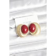 Mey İthalat Pirinç Gold Renk Bordo Boncuklu Oval Vintage Kadın Küpe Diğer