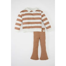 Defacto Kız Bebek 2'li Takım Polo Yaka Çizgili Sweatshirt Beli Lastikli İspanyol Paça Tayt D2850A524AUER233 Ekru