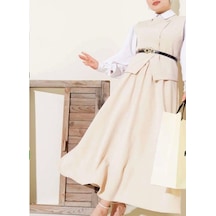 Lovie Moda Kadın Çapraz Düğmeli Etekli Takım Bej