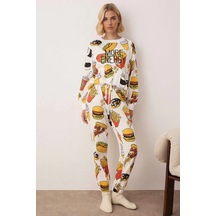 Benerly Kadın Bisiklet Yaka Düşük Kol Fitted Örme Pijama Takımı Fonksiyon Beyaz