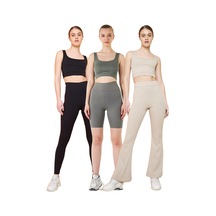 Thiff Gymwear Fitilli Kare Yaka Esnek Örme Crop Büstiyer 3'lü Atlet Set Siyah - Haki - Bej