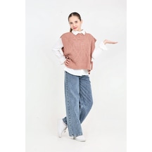 Modanino Kız Çocuk 3'lü Jean Takım Pantolon+gömlek+triko Yelek 5-15 Yaş 12545 Gül Kurusu