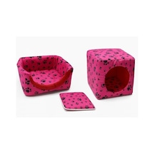 Kedi Yatağı Ve Kedi Evi, Pati Desenli, Dönüşebilen Kapalı Tasarım, 40 Cm, Sünger Dolgulu Pembe Açık Bej