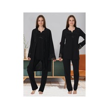 Effortt Dvina Lohusa Hamile Sabahlık Ve Uzun Kollu Pijama Takımı - 3'lü Set - Siyah Siyah