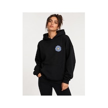 Herkesemoda Papatya Baskılı Kapüşonlu 2 İplik Şardonlu Sweatshirt Siyah