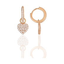 Gümüş Rose Zirkon Taşlı Kalp Küpe Barcode Altın - Rodyum