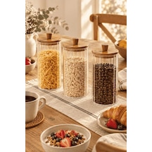 Atbyhome 3'lü Akasya Ahşap Kapaklı Çizgili Cam Kavanoz 1160 Ml - Vakumlu Erzak Ve Bakliyat Kabı Ahşap - Şeffaf