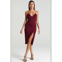 Madmext Bordo V Yaka Yırtmaçlı Saten Elbise Mg1742-bordo Bordo