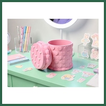 Bezos 3d Baskı Kabartma Kalp Desenli Kapaklı Kalemlik - Masaüstü Organizer - Pembe Bzs01