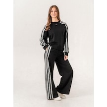 Kız Çocuk 2 İplik 3 Şeritli Sweatshirt-14938 Siyah