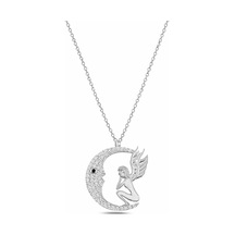 Çekirdekjewelry 925 Ayar Gümüş Melek Figürlü Ay Kolye Zirkon Taşlı Rodyum Kaplama Hilal Kadın Kolye Gri