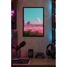 Pembe Mor Ay Manzarası Desenli Dekoratif Mdf Tablo, Çerçeve Görünümlü Ahşap Poster
