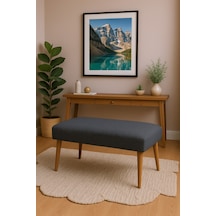 Azra Mobilya Modern Keten Kumaş Puf Bench 90x45 Cm Demonte Ahşap Ayaklı Oturma Pufu - Koyu Gri Koyu Gri