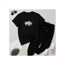 Herkesemoda Pop Art Yazı Baskı Detaylı T-shirt Eşofman Takımı Siyah