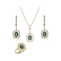 Yeşil Zirkon Taşlı Gold Rengi 925 Ayar Gümüş Kadın 3'lü Set Gold