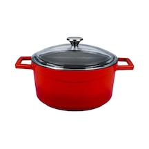 Lava Döküm Yuvarlak Tencere Çap Ø 24cm. Cam Kapaklı. Glaze Kırmızı Kırmızı