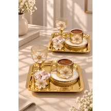 2 Kişilik Porselen Gold Lotus Kahve Fincan Takımı Seti Kahve Yanı Bardak - Metal Sunum Tepsi - Porselen Lokumluk