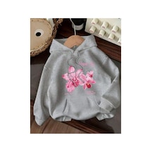 Herkesemoda Simple Joy Baskı Detaylı İçi Polarlı Kapüşonlu Sweatshirt Gri