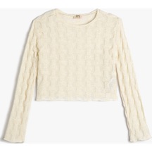 Koton Crop Sweatshirt Dokulu Uzun Kollu Bisiklet Yaka Ekru 4wkg10679ak 4WKG10679AK010 Ekru