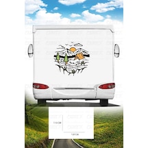 Karavan Kamp Baskı Sticker - Ağaç Sticker - Güneş Ve Kuş Sticker - 120x113 Cm