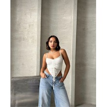 Önü Büzgülü Askılı Crop Beyaz