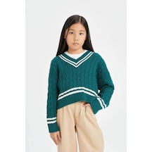 DeFacto Kız Çocuk V Yaka Saç Örgülü Triko Kazak D6760A8NSGN383 Yeşil