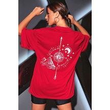 Unisex Pusula Baskılı Kısa Kol T-shirt Kırmızı