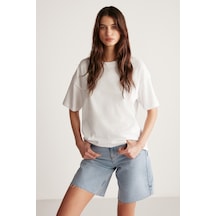Grımelange Jemmy Kadın %100 Organik Pamuk Relaxed Fit Yırtmaçlı Yuvarlak Yakalı Beyaz T-shirt Beyaz