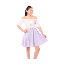 Toontoy Kız Çocuk Regular Fit Carmen Yaka Kısa Kollu Askılı Elbise - Renk Bloklu Açık Lila