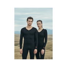 Blackspade Unisex Termal İçlik V Yaka Uzun Kollu Beyaz - Isı Tutucu Kışlık İç Giyim 1257 Siyah