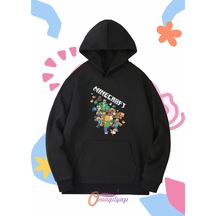 Çocuk Unisex Tasarım Baskılı Oversize Kapüşönlü Sweatshirt SiYAH