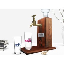 Kişiye Özel Renkli Baskılı Harfli İkili Rakı Bardağı Ve Ahşap Rakı Standı Hediye Seti-2