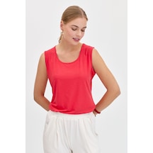 Kadın Sıfır Yaka Flamlı Kumaş Basic Askılı Tshirt Mercan MERCAN